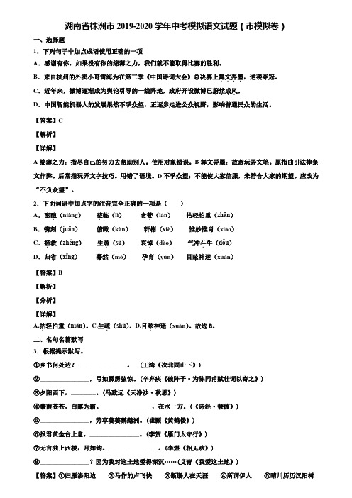 湖南省株洲市2019-2020学年中考模拟语文试题(市模拟卷)含解析