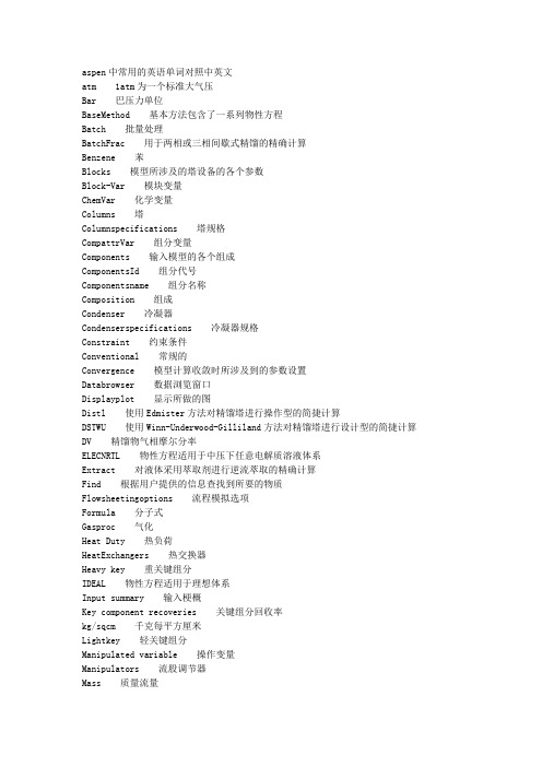 aspen中常用的英语单词对照中文.