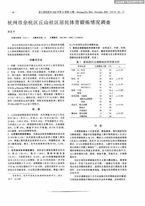 杭州市余杭区丘山社区居民体育锻炼情况调查