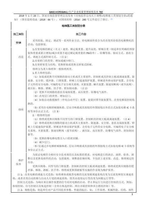 电梯施工类别划分表-2019