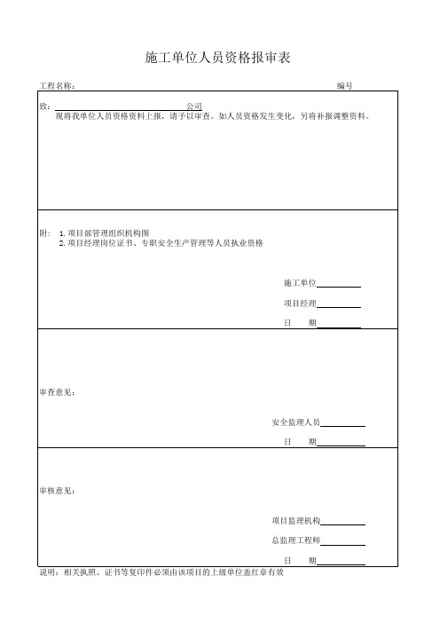 施工单位人员资格报审表