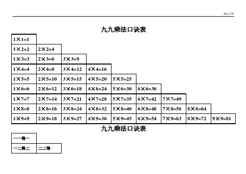 九九乘法口诀表(高清打印版)