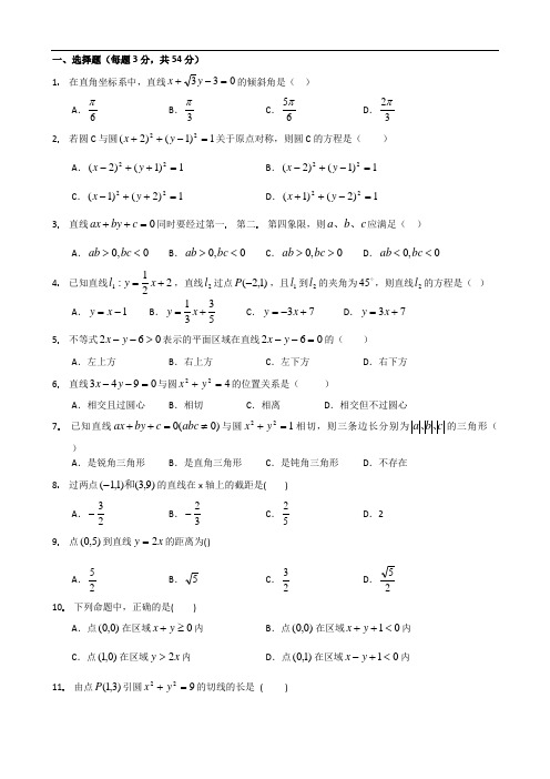 高中数学必修内容训练试题(7)---直线和圆的方程