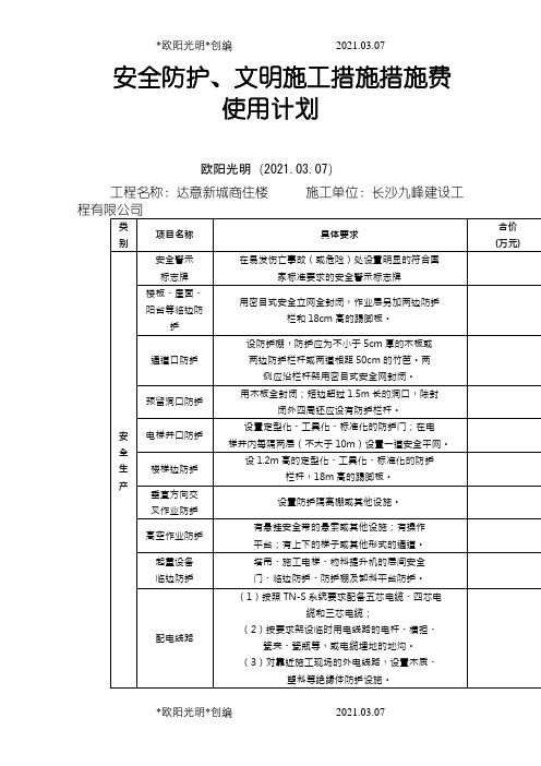 2021年安全生产资金投入计划与使用台账