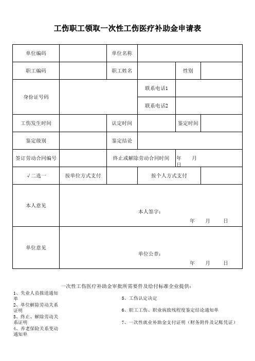 工伤职工领取一次性工伤医疗补助金申请表