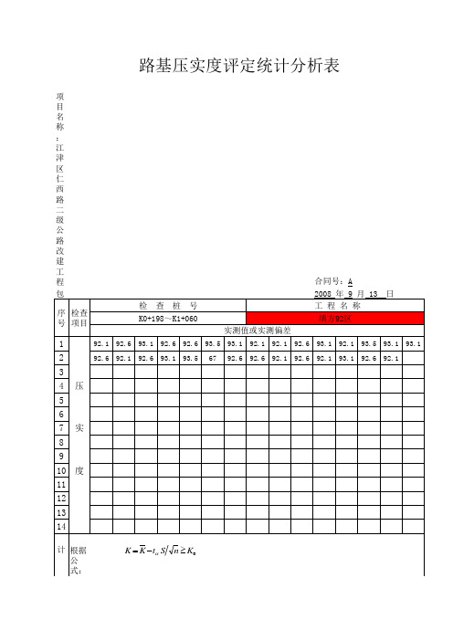 压实度代表值及平均值、方差评定计算表(