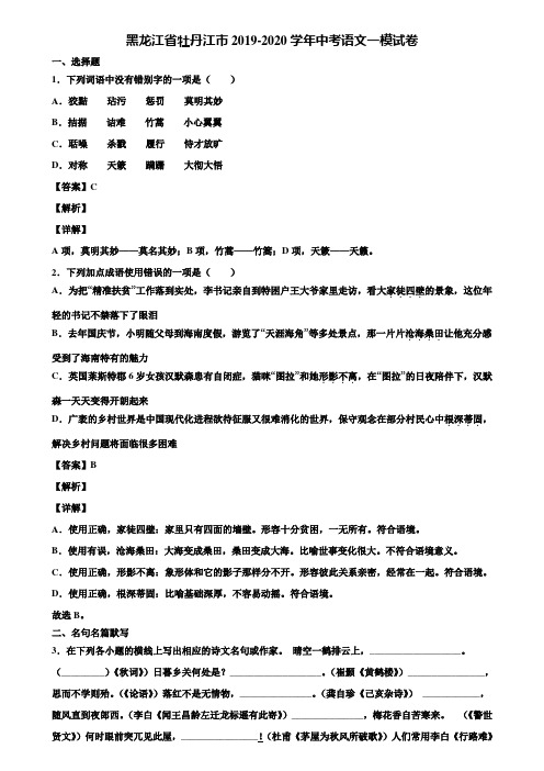 黑龙江省牡丹江市2019-2020学年中考语文一模试卷含解析