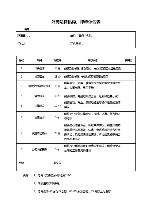 外聘法律机构、律师评估表