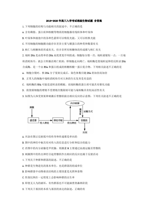 2019-2020年高三入学考试理综生物试题 含答案