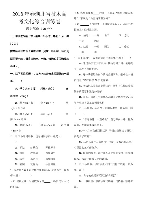 2018年湖北省技术高考文化综合试卷