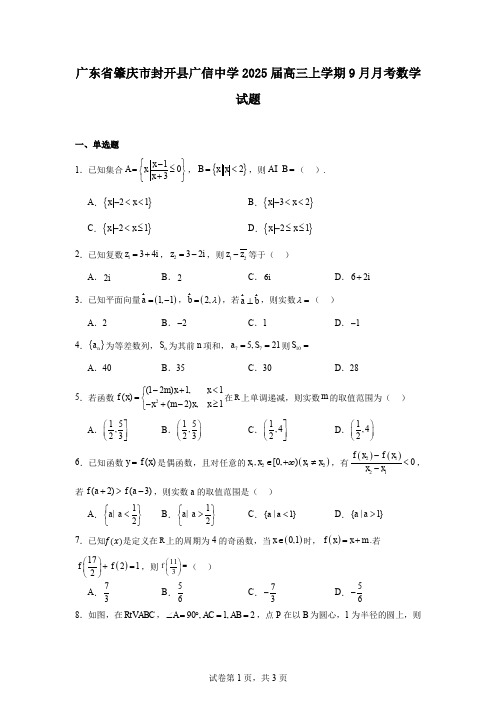 广东省肇庆市封开县广信中学2025届高三上学期9月月考数学试题