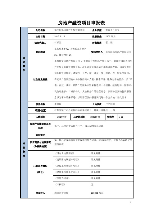 镇江恒福房地产融资项目申报表