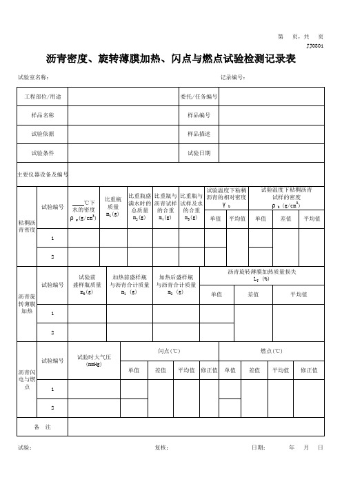 012沥青密度、旋转薄膜加热、闪点与燃点试验记录表