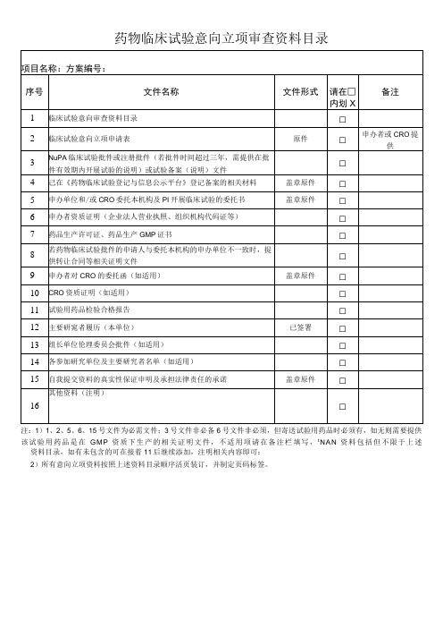 药物临床试验意向立项审查资料目录