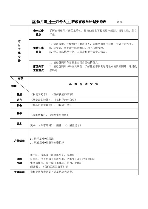 2021年度幼儿园大班月教学计划 十一月教学计划表