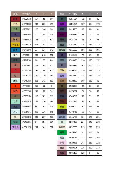 中国色谱-HEX-RGB颜色代码对照表