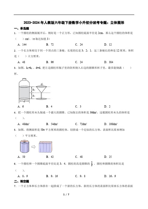 2023-2024年人教版六年级下册数学小升初分班考专题：立体图形