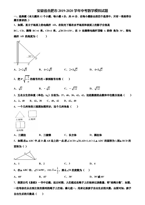 安徽省合肥市2019-2020学年中考数学模拟试题含解析