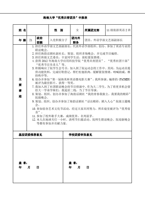 优秀共青团员申请表及个人事迹