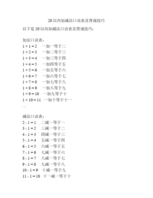 20以内加减法口诀表及背诵技巧