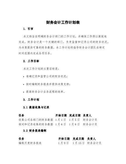 财务会计工作计划表 财务会计工作计划