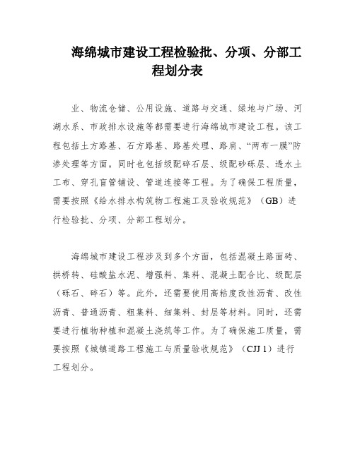 海绵城市建设工程检验批、分项、分部工程划分表