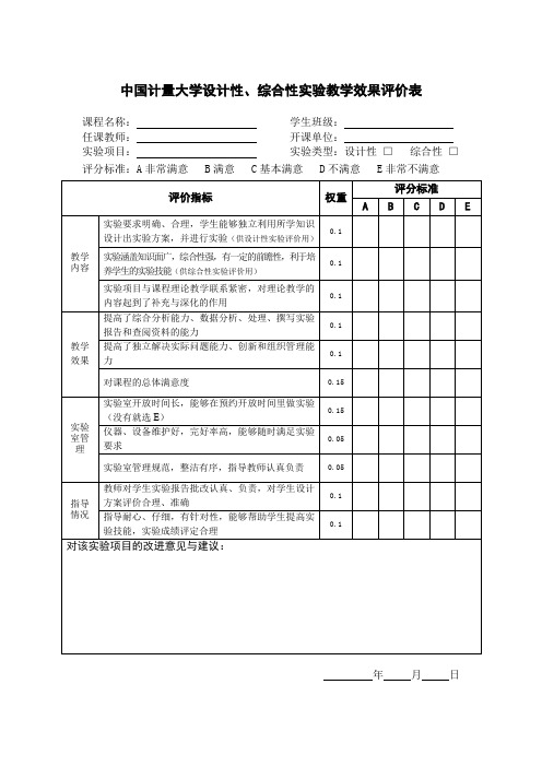 中国计量大学设计性、综合性实验教学效果评价表