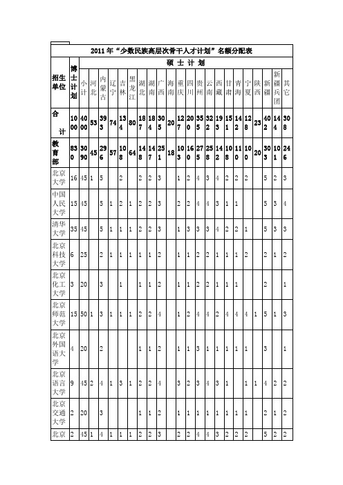 少数民族高层次骨干人才计划分配表