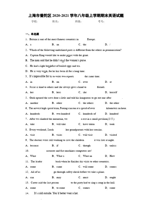 上海市普陀区2020-2021学年八年级上学期期末英语试题(答案+解析)