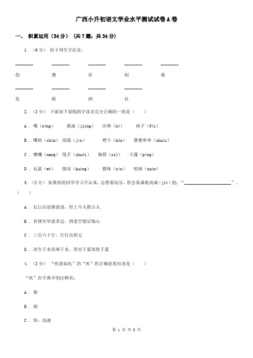 广西小升初语文学业水平测试试卷A卷