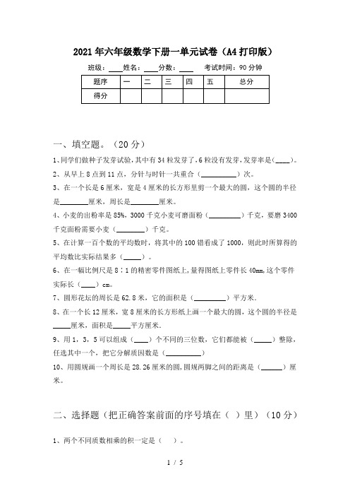 2021年六年级数学下册一单元试卷(A4打印版)