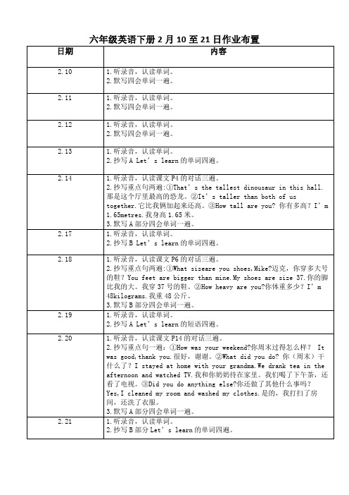 六年级英语作业布置