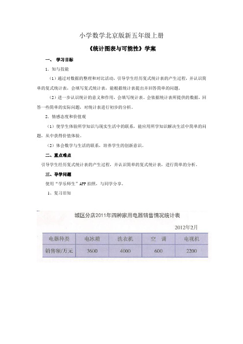 小学数学北京版新五年级上册《统计图表与可能性》学案1