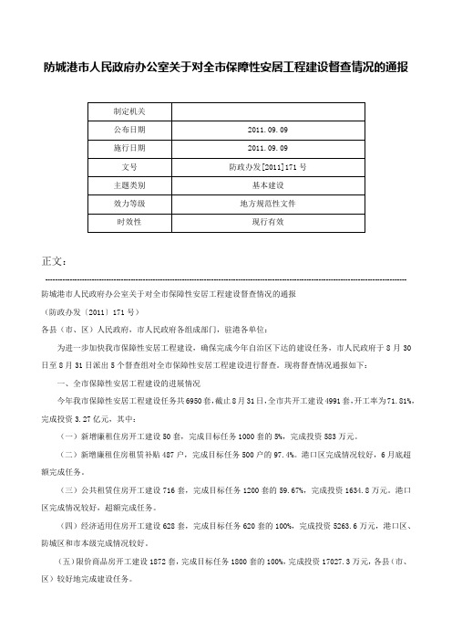 防城港市人民政府办公室关于对全市保障性安居工程建设督查情况的通报-防政办发[2011]171号