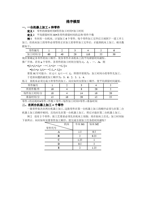 排序模型一台机器上加工n种零件定义1零件的滞留时间=等待