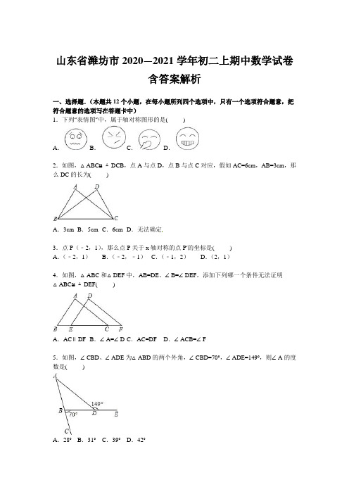 山东省潍坊市2020—2021学年初二上期中数学试卷含答案解析