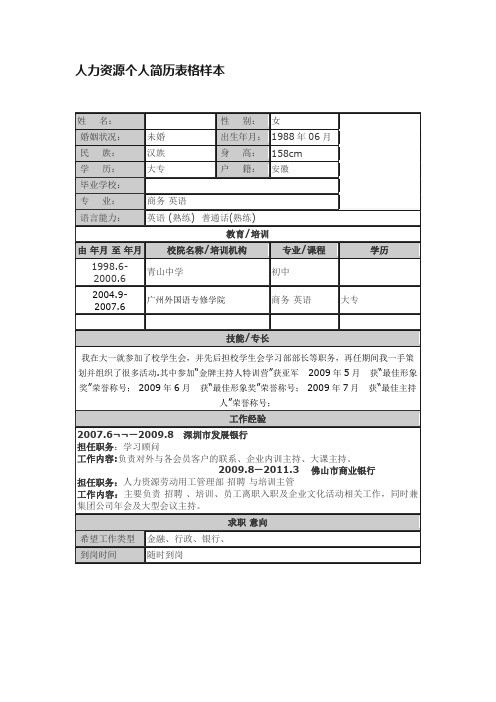 人力资源个人简历表格样本