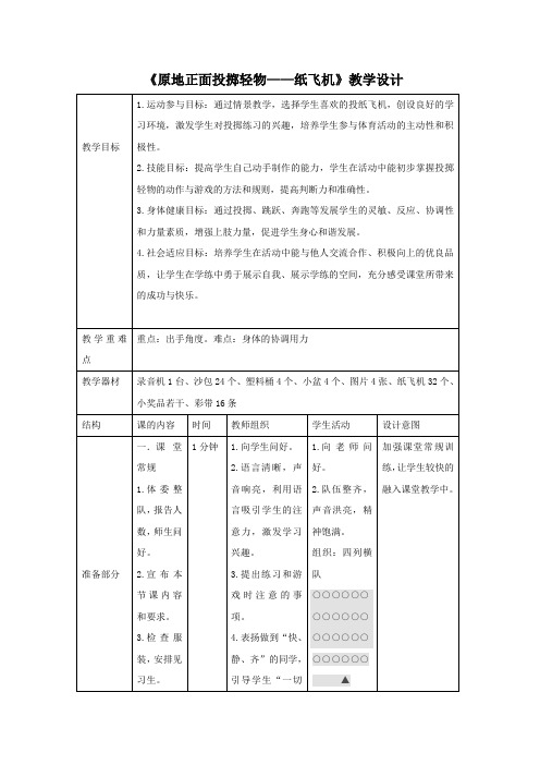 小学体育_原地正面投掷轻物—纸飞机教学设计学情分析教材分析课后反思