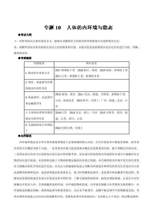 2019高考生物专题攻关之专题10+人体的内环境与稳态含解析