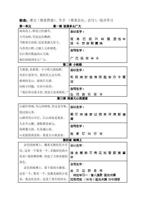 冀教版-一年级下册语文生字表