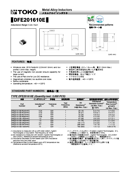 贴片电感DFE201610E-1R0M 品牌TOKO规格书推荐