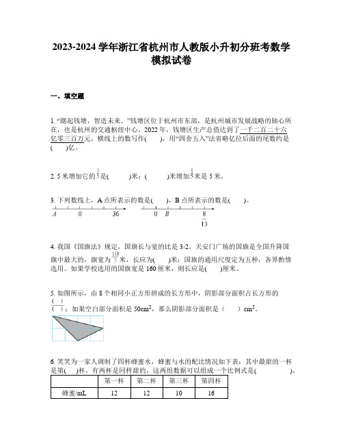 2023-2024学年浙江省杭州市人教版小升初分班考数学模拟试卷