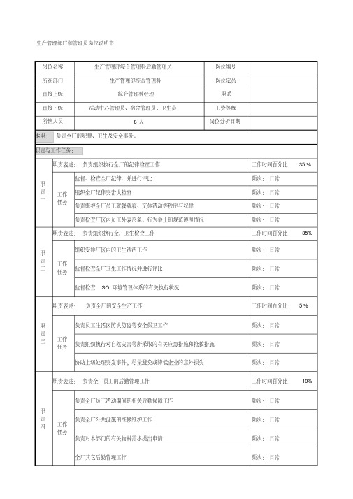 制鞋企业生产管理部后勤管理员岗位职责说明书