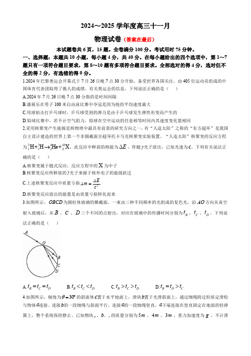 湖北省武汉市江岸区2024-2025学年高三上学期11月调考物理试卷含答案