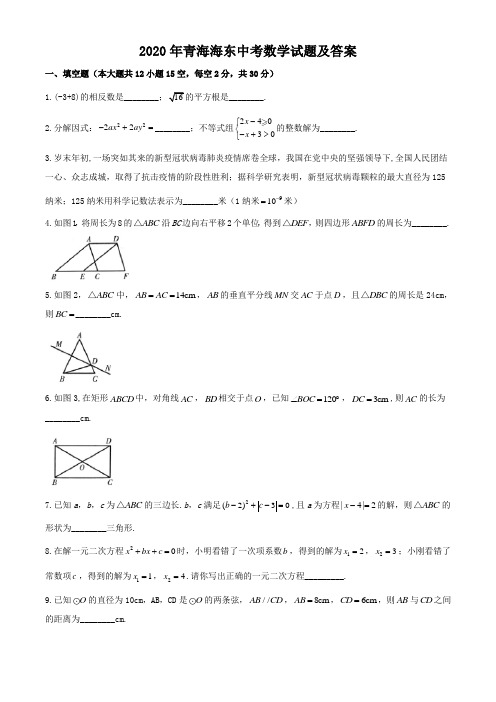 2020年青海海东中考数学试题及答案(Word版)