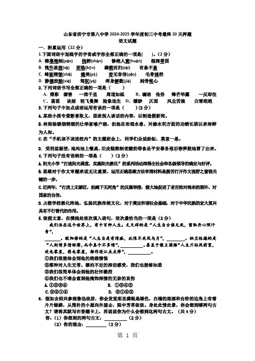 山东省济宁市第八中学2024-2025学年度初三中考语文最后20天押题(无答案)