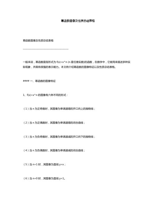 幂函数图像及性质总结表格