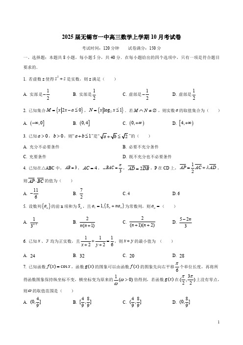 2025届无锡市一中高三数学上学期10月考试卷