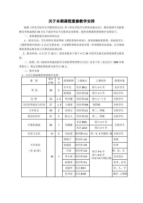 关于本期课程重修教学安排