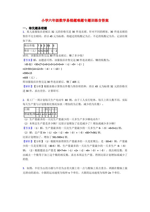 小学六年级数学易错题难题专题训练含答案